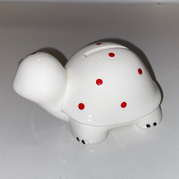 Small White Ceramic Red Polka Dot Turtle Bank - Picture 2 of 4